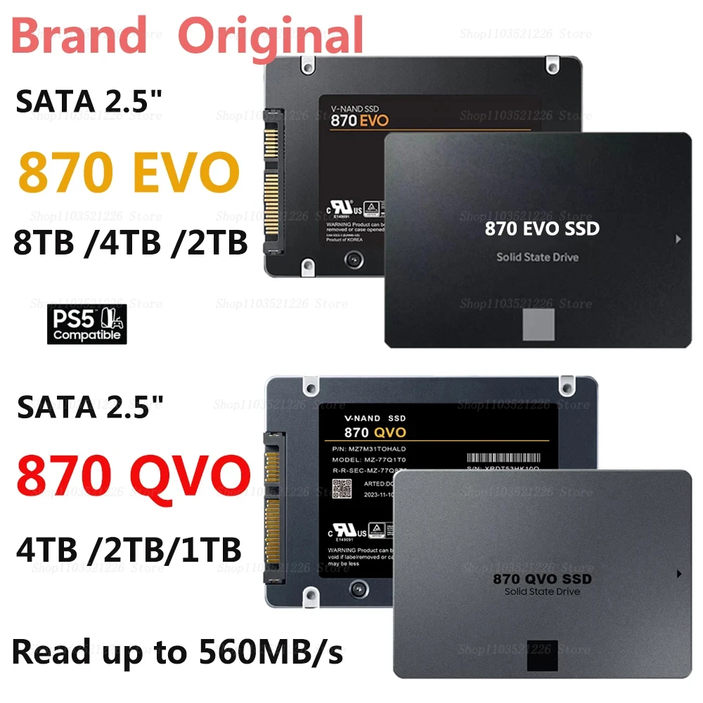 

2024 Original SSD 1TB 870 QVO/EVO 500GB 250GB Internal Solid State Disk 2T 4T HDD Hard Drive SATA 3 2.5 For Laptop Computer/PS5