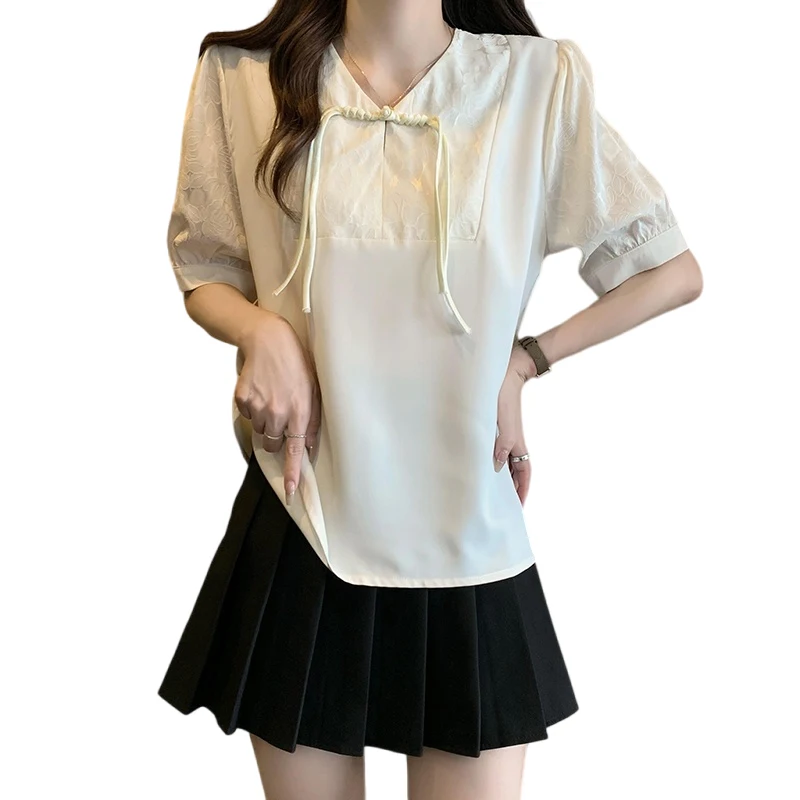 

Women Chinese Style Blouse Summer V Neck Short Sleeve Shirt Thin Fashion Apricot Black Jacquard Large Size Knot Button T-Shirt
