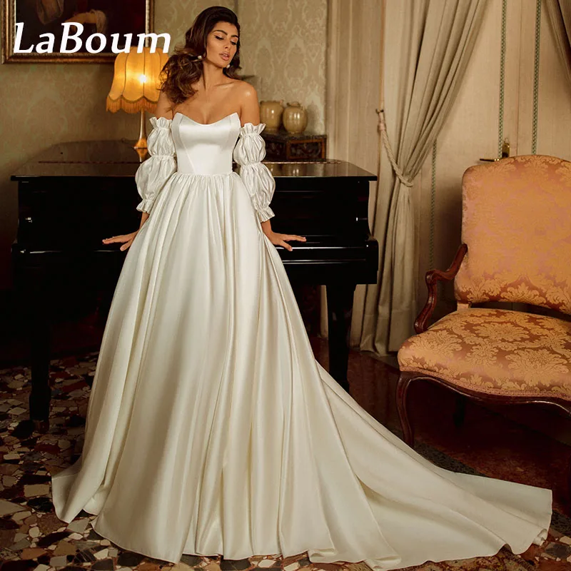 

LaBoum Women's Wedding Dresses Sweetheart Satin A-line Bridal Gowns Lantern Sleeves Evening Gowns Sweep Train Vestido De Novia