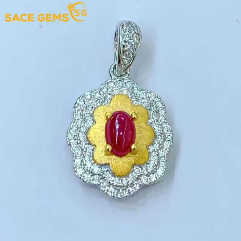 

SACE GEMS Certified 925 Sterling Silver Raw 4*6MM Natual Ruby Pendant Necklace for Women Engagement Cocktail Party Fine Jewelr