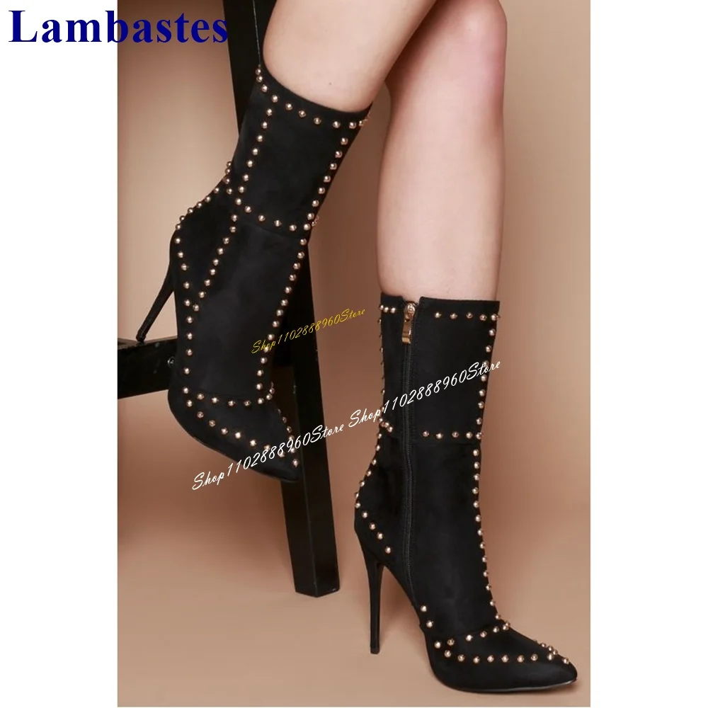 

Stylish Mid Calf Black Flock Rivet Decor Boots Thin High Heel Women Shoes Side Zipper Pointed Toe 2024 Sexy Zapatos Para Mujere