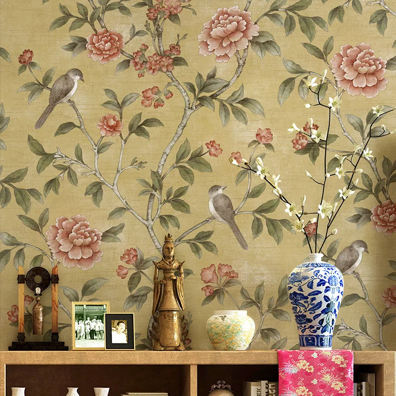 

Chinese Wallpaper Roll Classical Yellow Pastoral Flowers Birds Mural Non-woven Living Room Bedroom TV Background Wall Covering