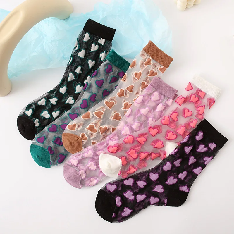 

Летние женские гладкие милые шелковые носки со стразами, ультратонкие прозрачные милые Длинные Носки с рисунком сердца для девочек