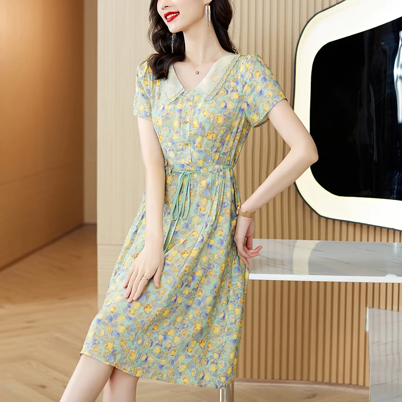 

Женское шелковое платье с принтом, свободное повседневное свободное платье для отпуска с коротким рукавом, лето 2023