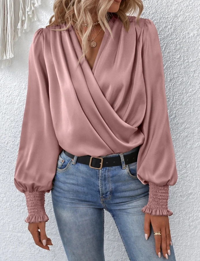 

Fashion Woman Blouse 2023 Spring Lantern Sleeve V-Neck Casual Long Sleeved Casual Commuting Loose Daily Shirt Top Y2K Clothes