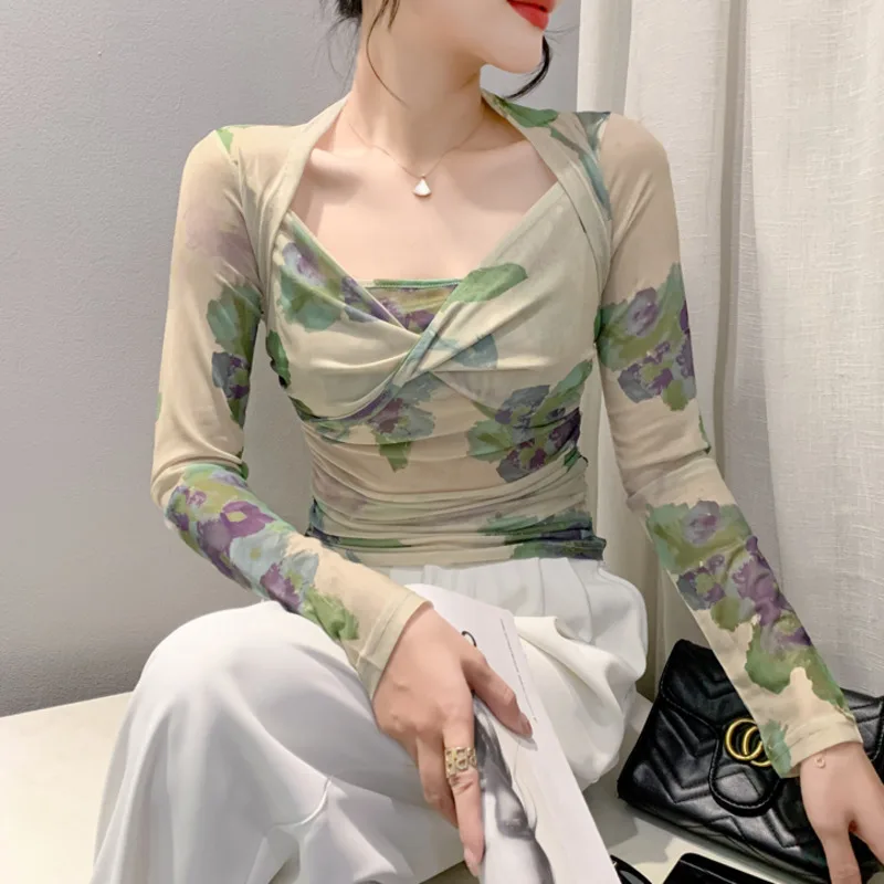 #8846 Vintage Printed Short T Shirt Women Split Joint Wrap Mesh Tshirt Ladies Skinny Tie Dye Printed Women's T-shirt Long Sleeve
#8846 Vintage Printed Short T Shirt Women Split Joint Wrap Mesh Tshirt Ladies Skinny Tie Dye Printed Women's T-shirt Long Sleeve