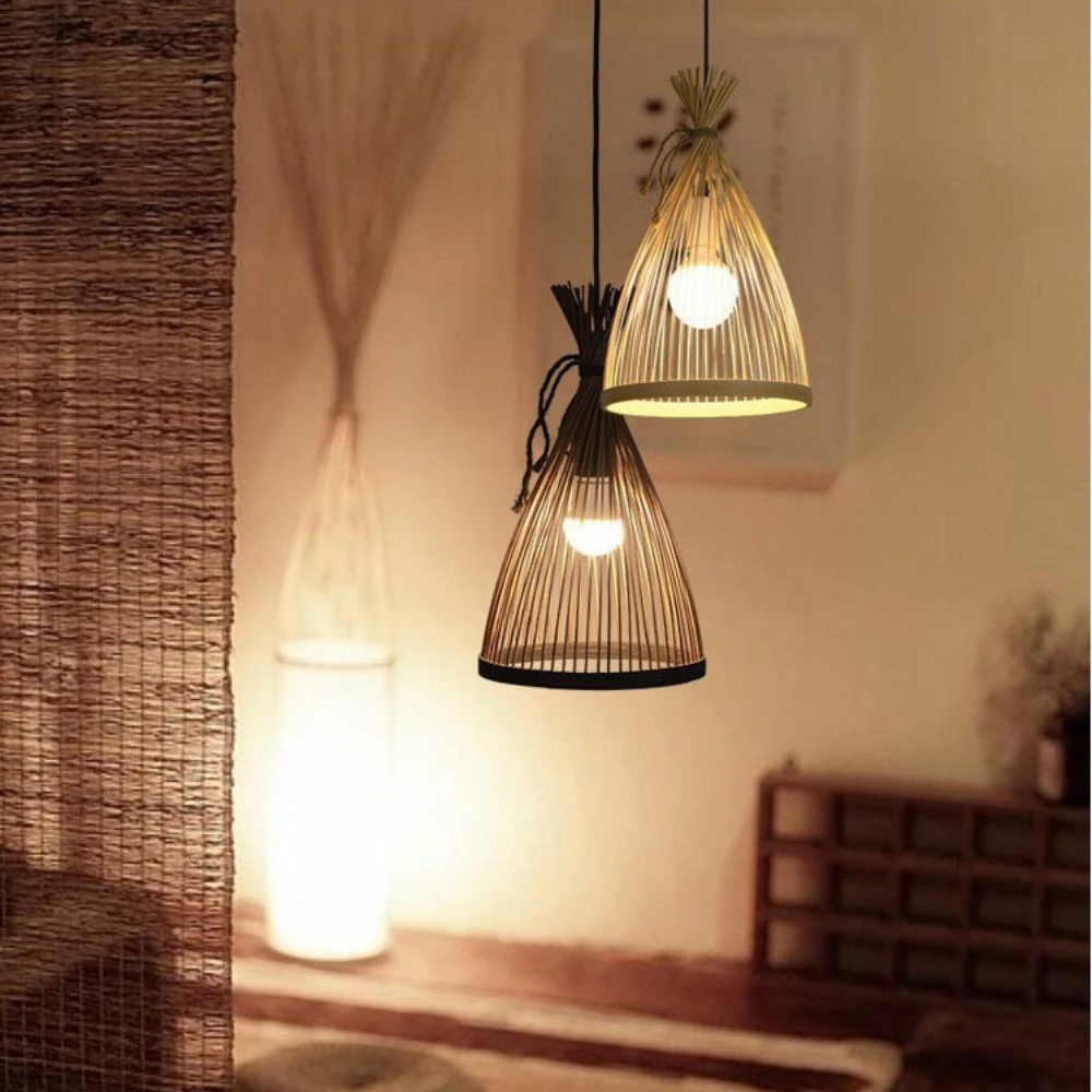 

Японская люстра из натурального бамбука и ротанга, подвесные светильники ручной работы, плетеные лампы с абажуром E27