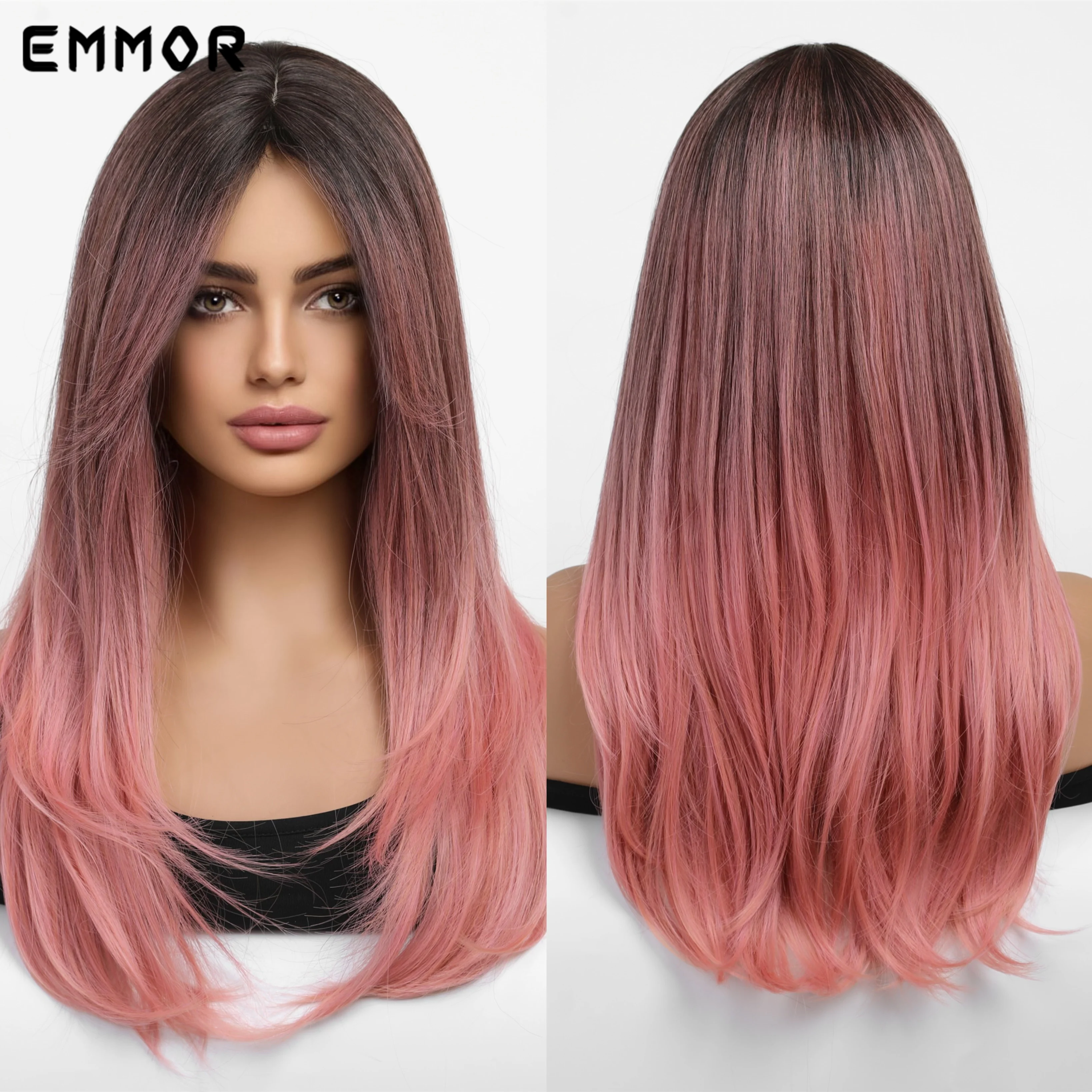 

Emmor Synthetic Wigs Ombre Black Pink Wig With Bangs Layered Hair Cosplay Daily Party Natural Heat Resistant Wigs for Women