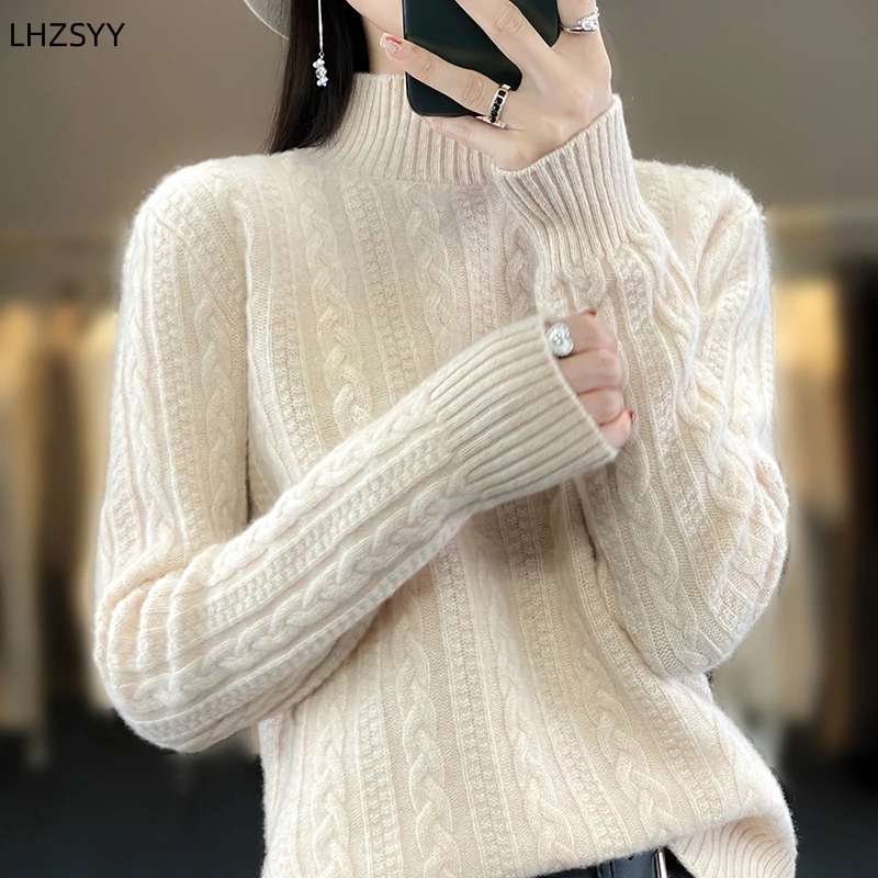 

LHZSYY 100% Merino Pure Wool Sweater Lady's Semi-high Neck Twist Pullover Autumn Winter New Large size Cashmere Knit Base Shirt