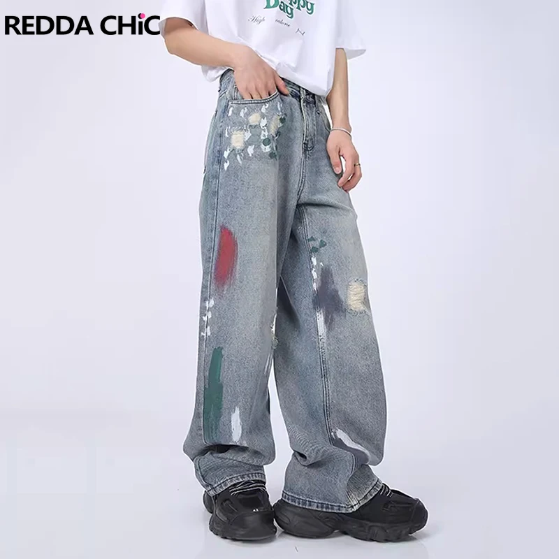 

Мужские мешковатые джинсы REDDACHiC с граффити, потертые свободные брюки с широкими штанинами, повседневная винтажная одежда с синими басками и брызгами чернилами