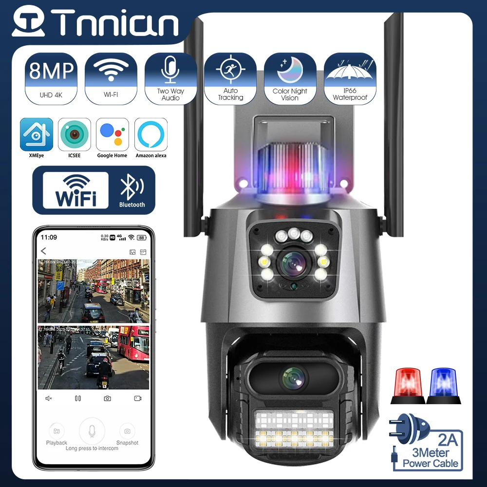 

Tnnian 8MP 4K Dual Lens WIFI PTZ Camera Dual Screen 4MP Outdoor AI Human Tracking Camera Police Light Alarm iCsee PRO Alexa