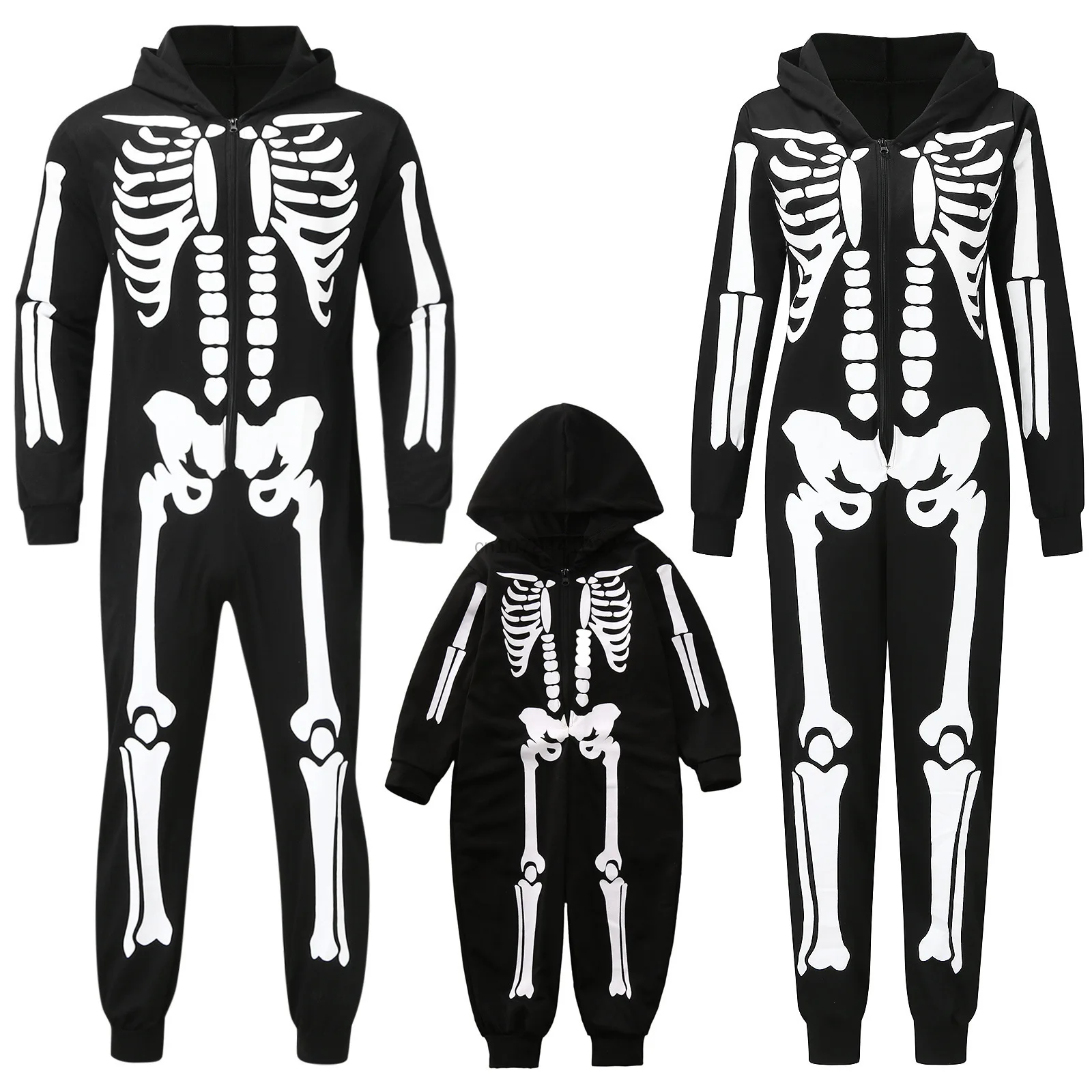 

Карнавальный костюм на Хэллоуин, семейный костюм, комбинезон со скелетом для косплея, комбинезон на молнии с капюшоном для взрослых, детей, женщин, мужчин, мальчиков и девочек