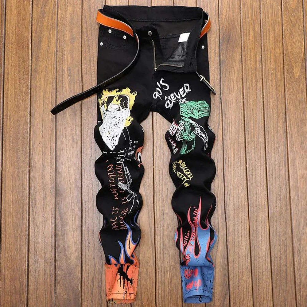 Men Jeans Fashion Letter Flame Printed Slim Fit Straight Painted Stretch Pants High Street Graffiti Letter Motorcycle
Men Jeans Fashion Letter Flame Printed Slim Fit Straight Painted Stretch Pants High Street Graffiti Letter Motorcycle