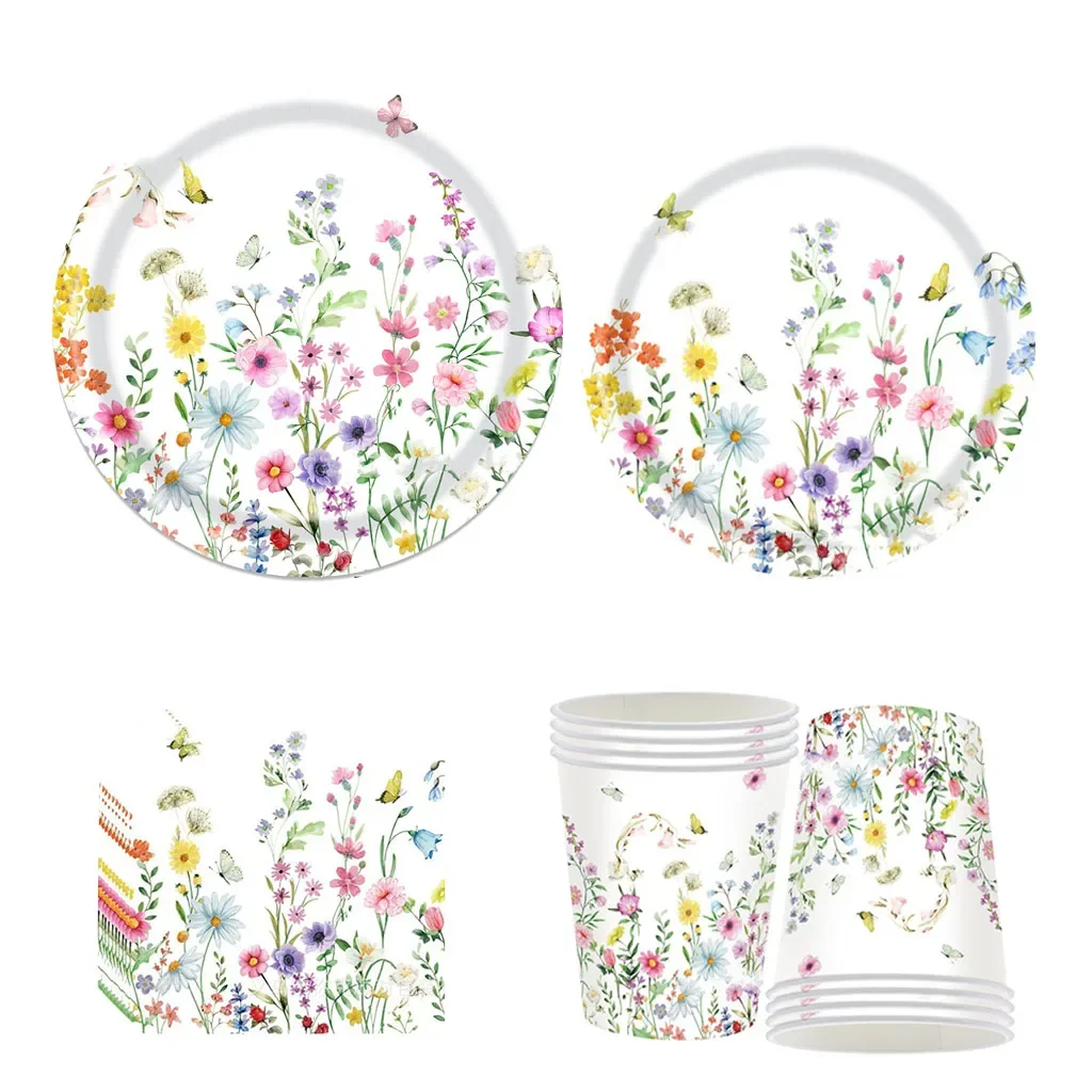 

8Guests Flower Party Decors Disposable Tableware Wild Flower Dining Plates Cups Napkins Happy Summer Birthday Party Supplies