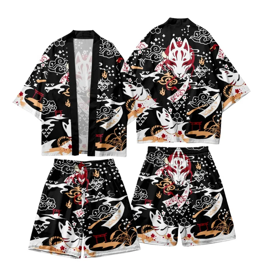 

Костюм-кимоно летний из двух предметов, винтажный Японский Свободный кардиган, хаори, юката, цветочный принт лисы, шорты