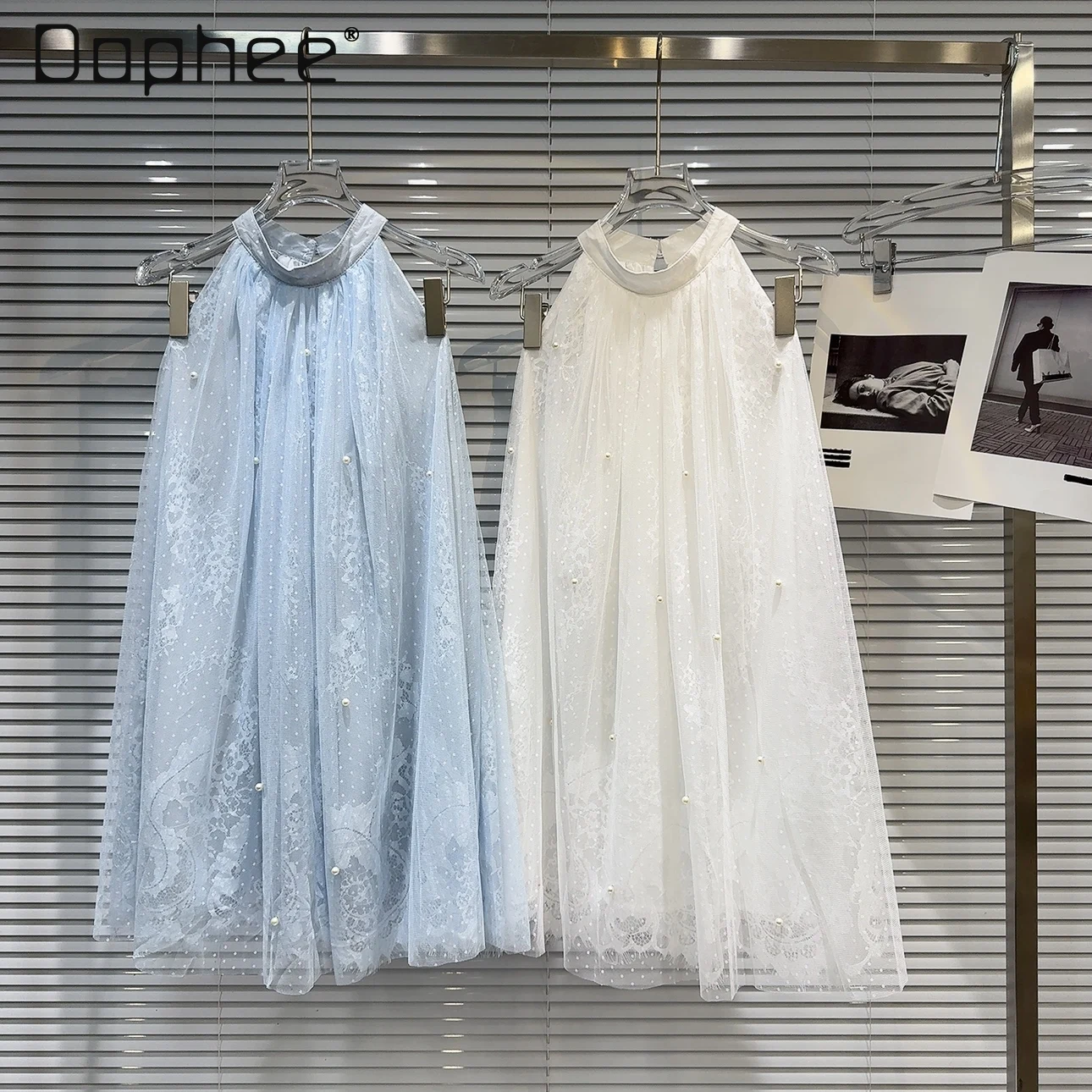 

Fairy Lloose Sleeveless Pearls Blue Midi Gauze Dress for Women 2024 Summer New Sweet Girl Beaded Mesh Short Halter Dresses