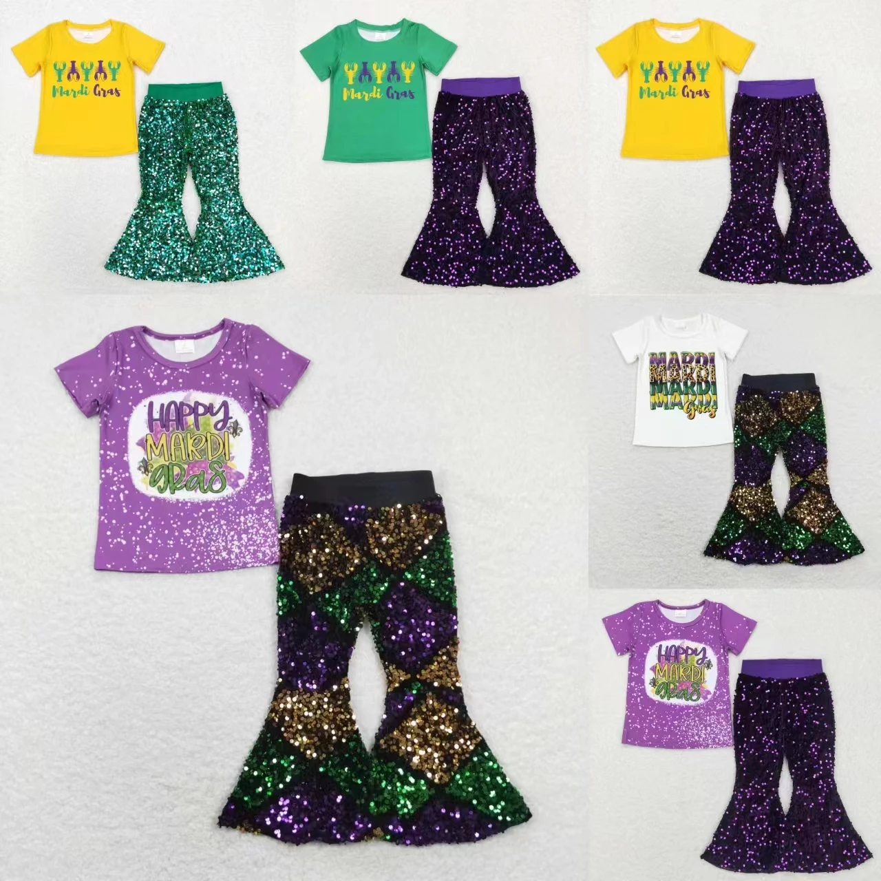 

Wholesale Baby Girl Mardi Gras Outfit Short Sleeves Shirt Spring Fall Kids Purple Sequins Bell Bottom Pants Toddler Children Set
