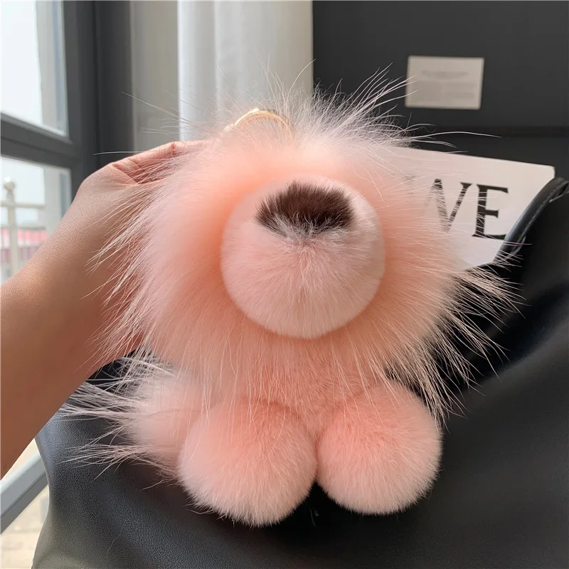 

Luxury Real Rex Rabbit Fur Lion Pendant Keychain Women Cute Plush Doll Toy Kids Trinkets Bag Car Keyring Ornament Birthday Gift