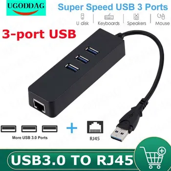 맥북 맥 데스크탑용 이더넷 어댑터, USB 3.0 허브, USB to Rj45 랜 네트워크 카드, USB3.0, 10 Mbps, 100Mbps, 3 포트