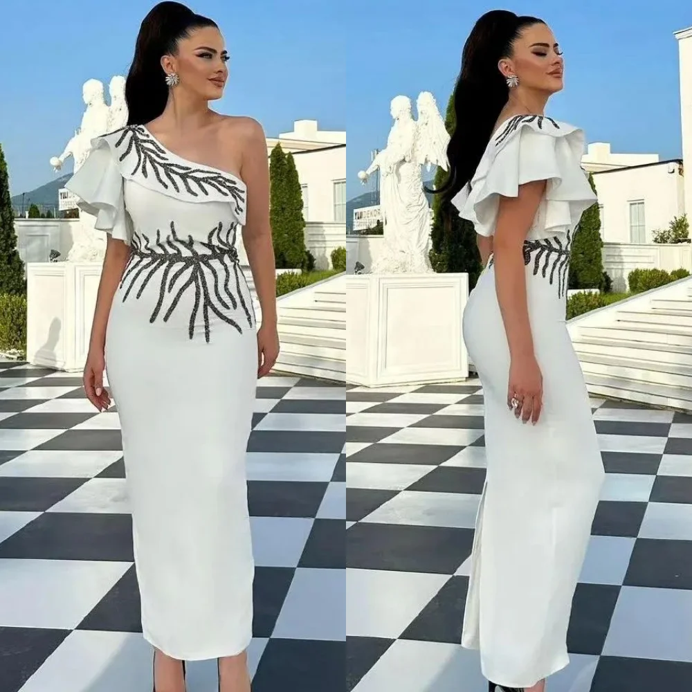 

Ball Dress Evening Saudi Arabia Jersey Ruched Beading Graduation A-line One-shoulder Bespoke Occasion Gown Midi Dresses