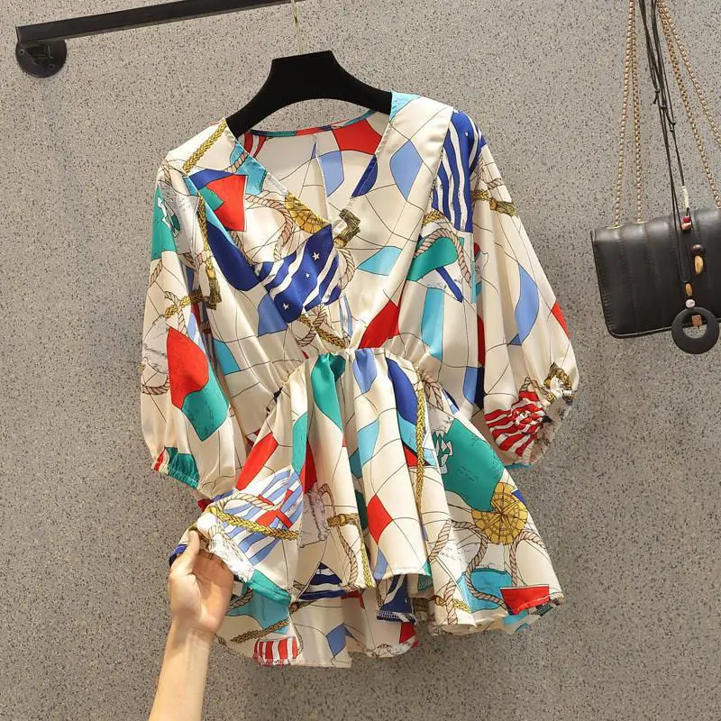 

Fashion V-Neck Spliced Folds Batwing Sleeve Printed Blouse Women's Clothing 2023 Summer New Oversized Casual Tops Korean Shirt