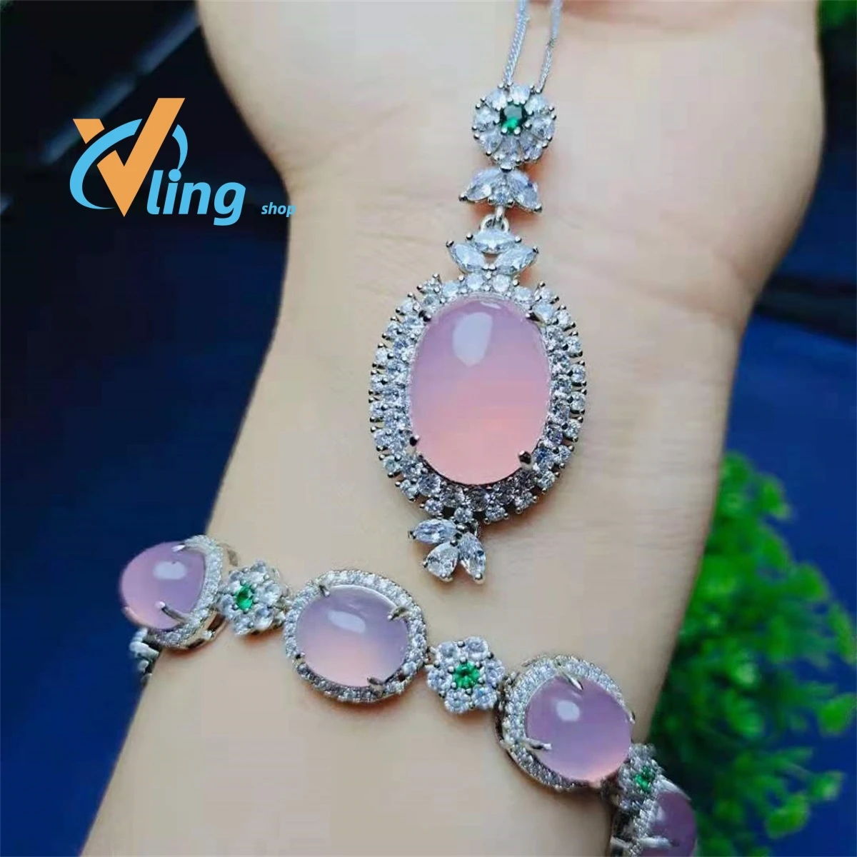 

S925 Silver Inlaid Ice Powder Chalcedony Pendant Bracelet Two Piece Set of Exquisite Women's Set Gift