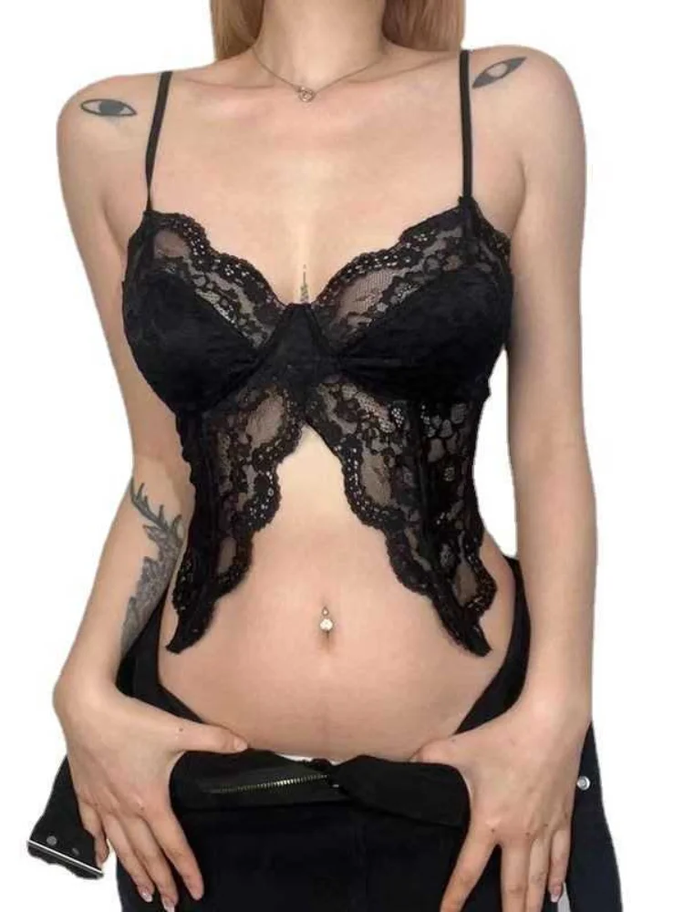 Y2k lace women's butterfly lace camouflage Italian large shoulder strap with front slit, slim fit, sexy low cut vest, transparen
Y2k lace women's butterfly lace camouflage Italian large shoulder strap with front slit, slim fit, sexy low cut vest, transparen