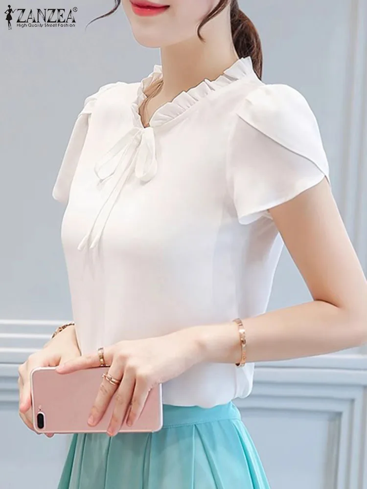 

Элегантная рубашка ZANZEA с коротким рукавом и лепестками, топы, женская блузка с бантом на шее и оборками, летняя однотонная Корейская офисная Повседневная Туника, блуза 2024