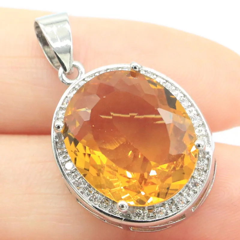 

6g 925 SOLID STERLING SILVER PENDANT Big Oval Gemstone Golden Citrine Fire Rainbow Mystic Topaz Ruby Pink Kunzite CZ Women