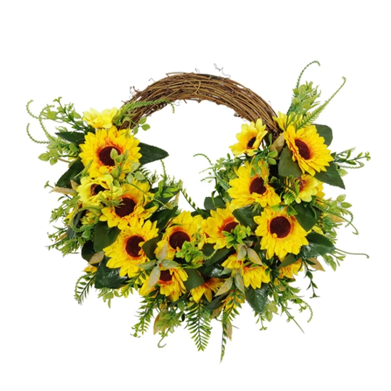 

Artificial Sunflower Wreath With Green Leaves For Front Door Wall Window Wedding Party Farmhouse Garden Home Decor