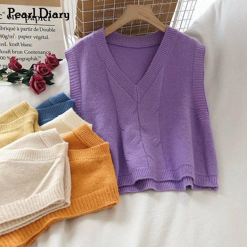 

Liba Sin Women Spring Autumn Sweater Vest Solid Color V Neck Sleeveless Casual Cropped Pullover England Vintage Basic Style