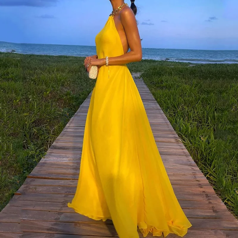 Fashion Metal Chain Halter Satin Long Dress Women Elegant Off Shoulder Sleeveless Party Dress Sexy Backless Solid Evening Dress
Fashion Metal Chain Halter Satin Long Dress Women Elegant Off Shoulder Sleeveless Party Dress Sexy Backless Solid Evening Dress