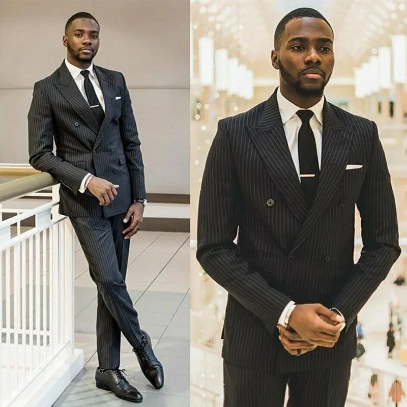 

Elegant Men's Suits Black Stripe Double Breasted Peak Lapel Regular Length Formal Business Outfits Terno 2 Piece Jacket Pants