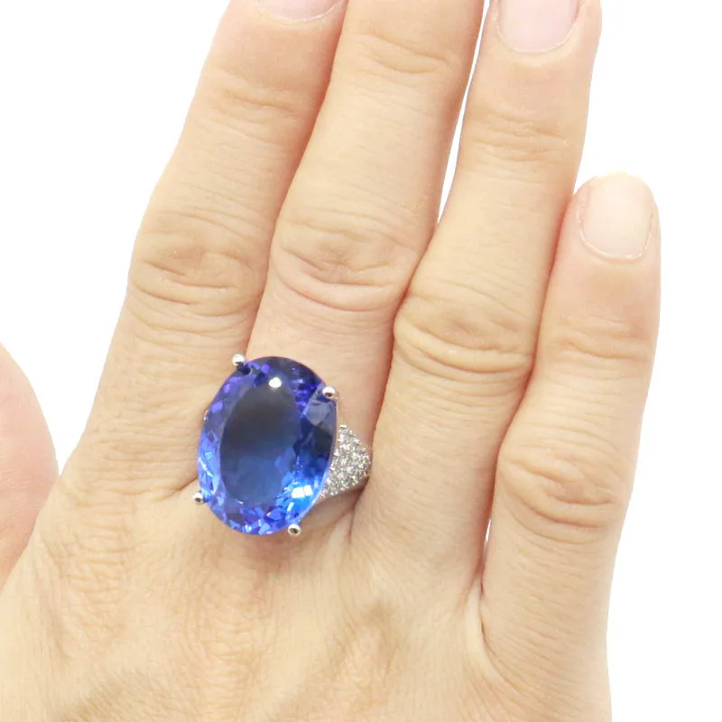 

20x15mm Big Gemstone 20x15mm 7g Rich Blue Violet Tanzanite White CZ Females Gift Silver Rings