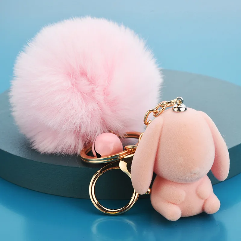 

Creative Cute Animal Rabbit Pendant Women's Girl Keychain Holder Fluffy Pompom Doll Flocking Key Ring Car Bag Ornament Gift