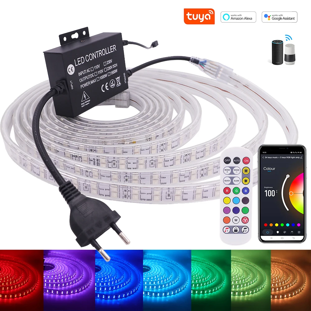 Tuya WIFI RGB LED Strip 220V Waterproof IP67 High Brightness SMD 5050 120 Leds/M Double Row Flexible Ribbon Rope
Tuya WIFI RGB LED Strip 220V Waterproof IP67 High Brightness SMD 5050 120 Leds/M Double Row Flexible Ribbon Rope
