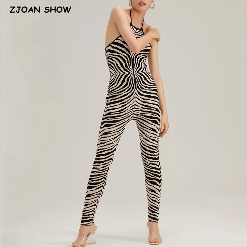 

2023 Sexy Zebra Striped Knitting Halter Bodysuits Women Back Zipper Slim Waist Strech Long Pants Jumpsuits Backless Romper