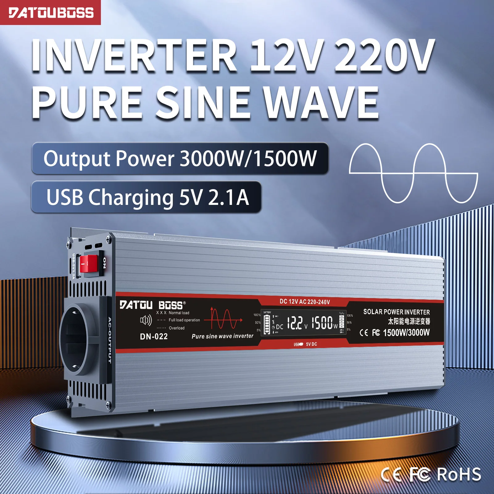 DATOUBOSS Pure Sine Wave Inverter 12V 220V Inverter 3000W Continuous Power 1500W Power Inverter Voltage Converter LCD Display
DATOUBOSS Pure Sine Wave Inverter 12V 220V Inverter 3000W Continuous Power 1500W Power Inverter Voltage Converter LCD Display