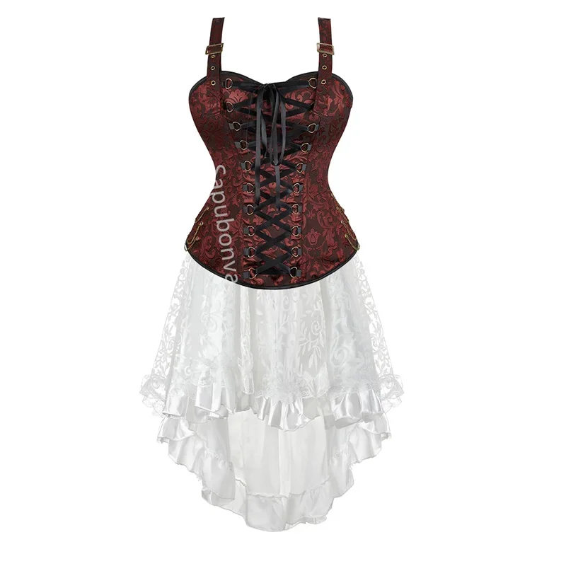 

Sapubonva Brown Corset Dress Set Plus Size Sexy Overbust Bustier Top Skirt Pirate Steampunk Victorian Burlesque Gothic Exotic