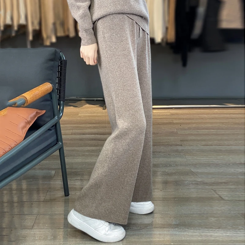

100% Merino Woolen Knit Woman's Pants Wide Leg Pants Loose Casual Long Trousers Elastic Mid-Waist Full Length Pants Flared pant