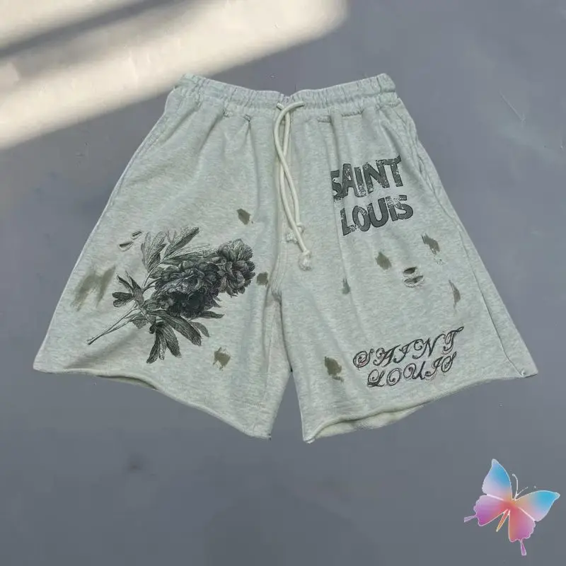 

24ss Washed Gray Vintage Street Saint Michael Shorts Splashed Ink Sketch Distressed Shorts Casual Capris Men Women Pants