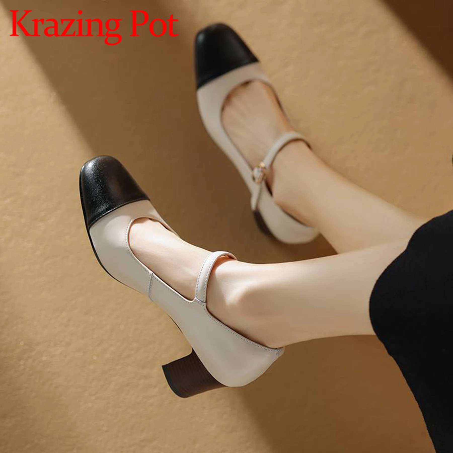 

Krazing Pot 2024 Full Grain Leather Ankle Buckle Strap Chunky Heels Spring Mixed Color Fashion Round Toe Mary Janes Women Pumps