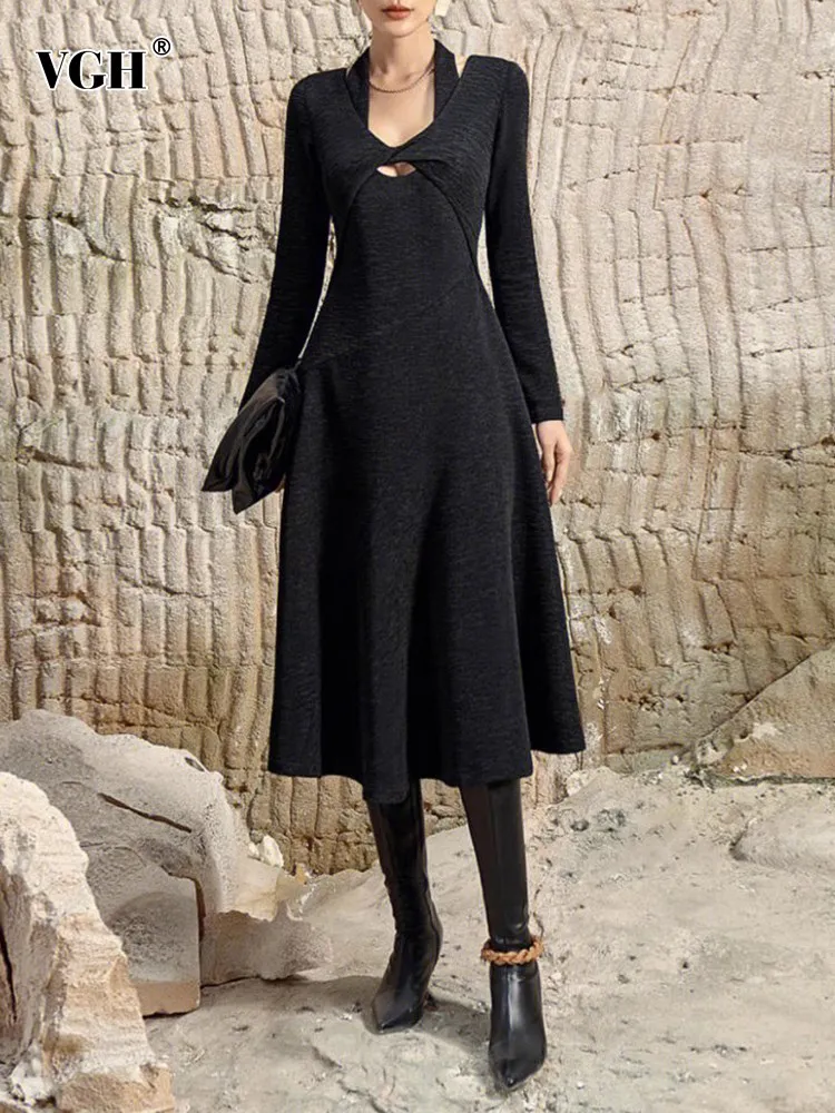 VGH solid hollow out elegant dress for women v neck long sleeve high waist patchwork lace up temperament dresses female fashion
VGH solid hollow out elegant dress for women v neck long sleeve high waist patchwork lace up temperament dresses female fashion