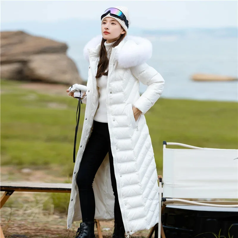 

High End Glossy Down Coats Women's Slim Thick Knee To Ankle Long Fox Fur Collar Jackets for Women Winter Puffer Jacket Пуховик
