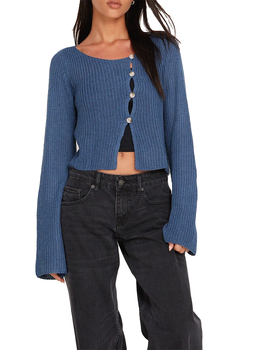 

Women s Off-Shoulder Knit Crop Top with Lace-Up Back Detail and Bell Sleeves - Stylish Fall Winter Sweater for a Chic Look