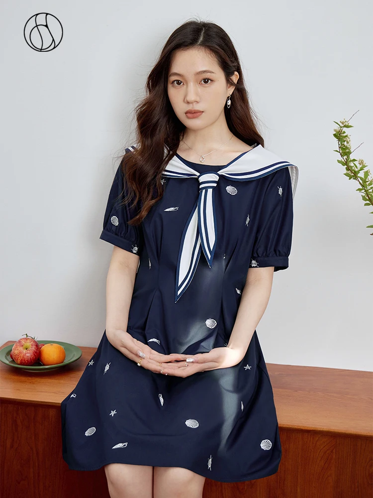 

DUSHU Sweet Style Age-reducing Navy Wind A-Line Dress for Women Summer Niche High Waist Puff Sleeve Preppy Dress Female