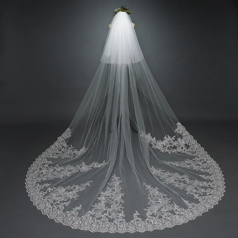 

Real Photos Lace Wedding Veil Sequined Bling Two Layers 3 Meters Long Bridal Veil with Comb 2 Tier Wedding Accessories
