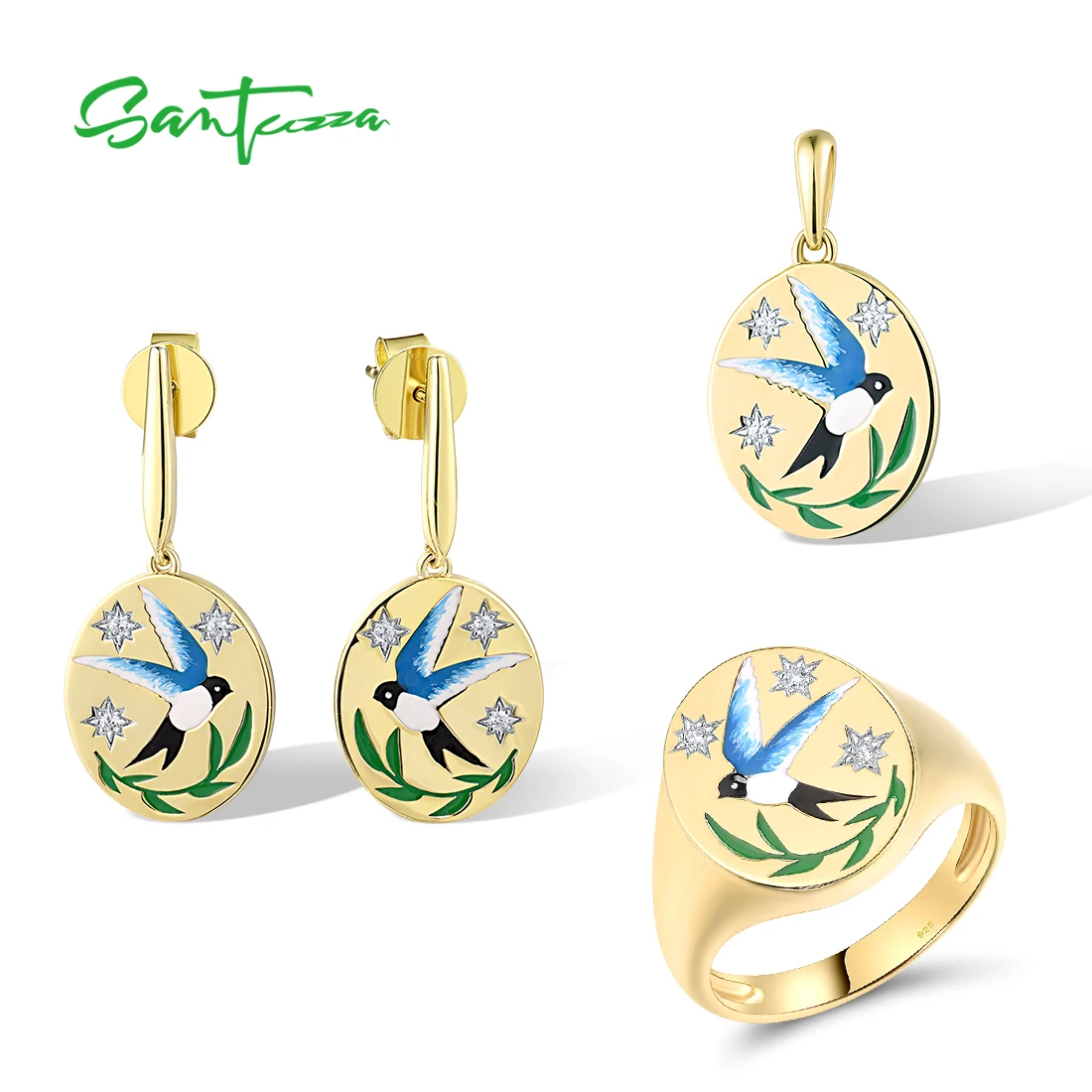 SANTUZZA Jewelry Set For Women Pure 925 Sterling Silver White CZ Enamel Bird Pendant Earrings Ring Antique Elegant Fine Jewelry
SANTUZZA Jewelry Set For Women Pure 925 Sterling Silver White CZ Enamel Bird Pendant Earrings Ring Antique Elegant Fine Jewelry