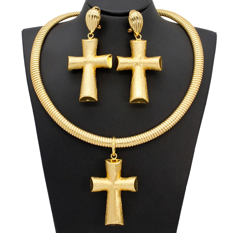 

Nigerian Gold Plated Jewelry Set African Cross Drop Earrings Pendant with Choker Chains Solid Necklace Sets Jewellery 2PCS