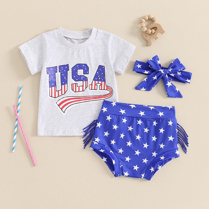 

2024-03-19 Lioraitiin 3-24M Toddler Baby Girl 4th of July Outfits Short Sleeve Tops + Star Shorts + Headband Set Clothes Set